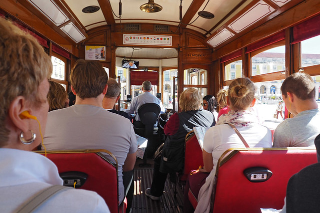 Inside the red tram, Lisbon, Portugal