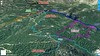 Photo 3D partie basse de l'ancien chemin de Luviu avec les tracés des différents sentiers et la partie des travaux de l'operata du 05/01/2020 (en rouge)
