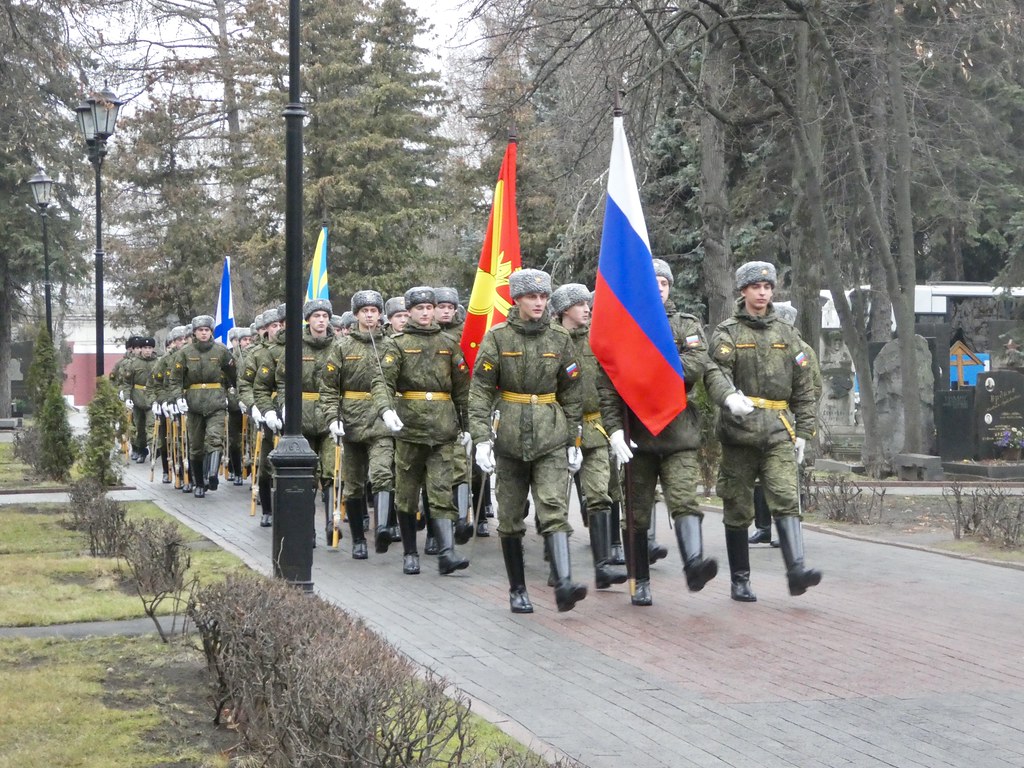 Russian soldiers marching through Novodevichy Cemetery