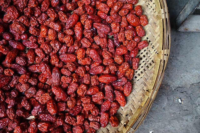 Group stacks of dried red Chinese dates