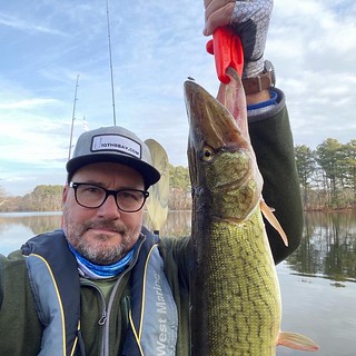 Photo of man holding a chain pickerel at Smithville Lake on the Eastern Shore of Maryland.