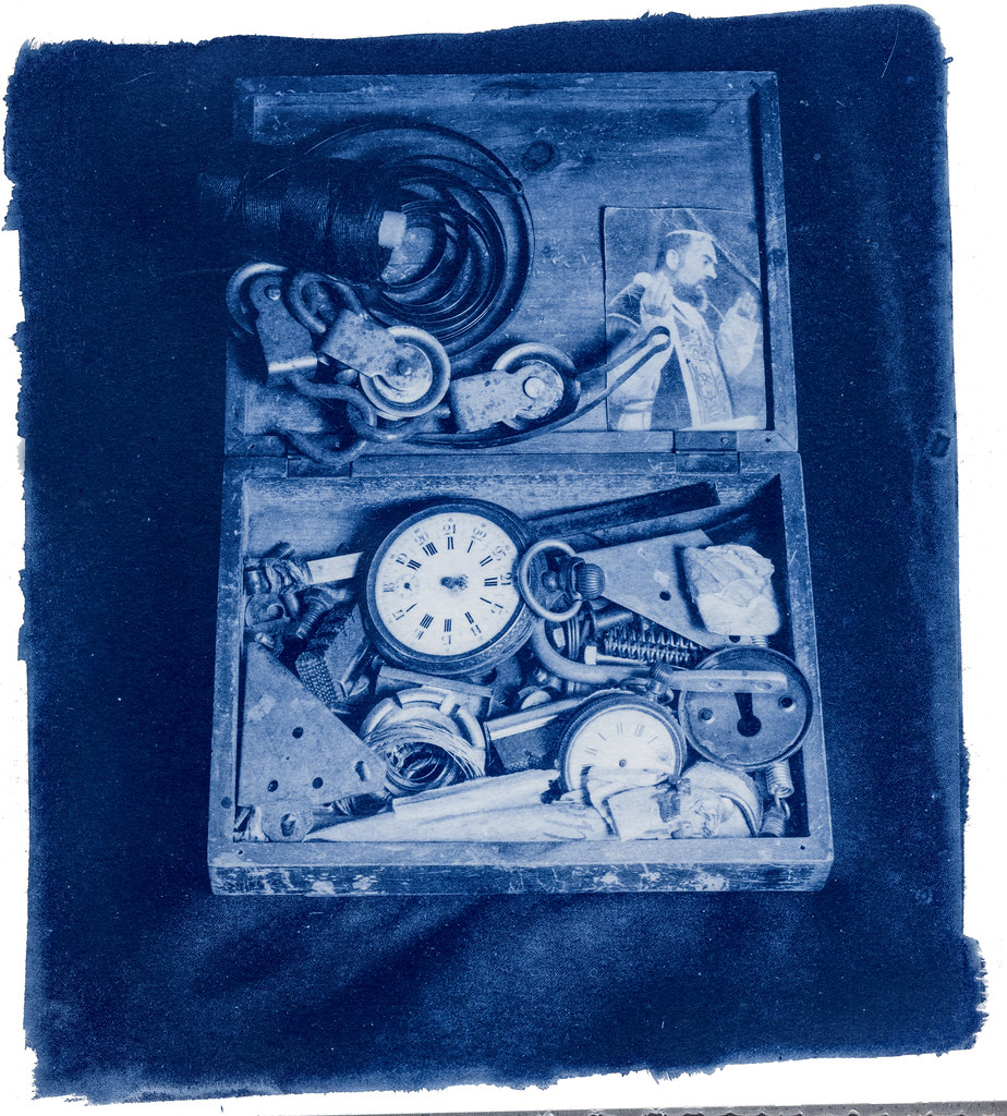 My Dad' bits and bobs box. cyanotype