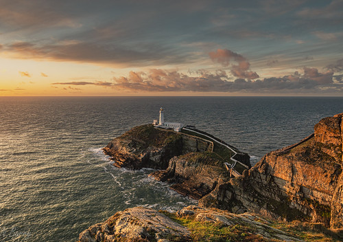 sunset sea ocean cliff rock stack lighthouse southstack holyhead anglesey
