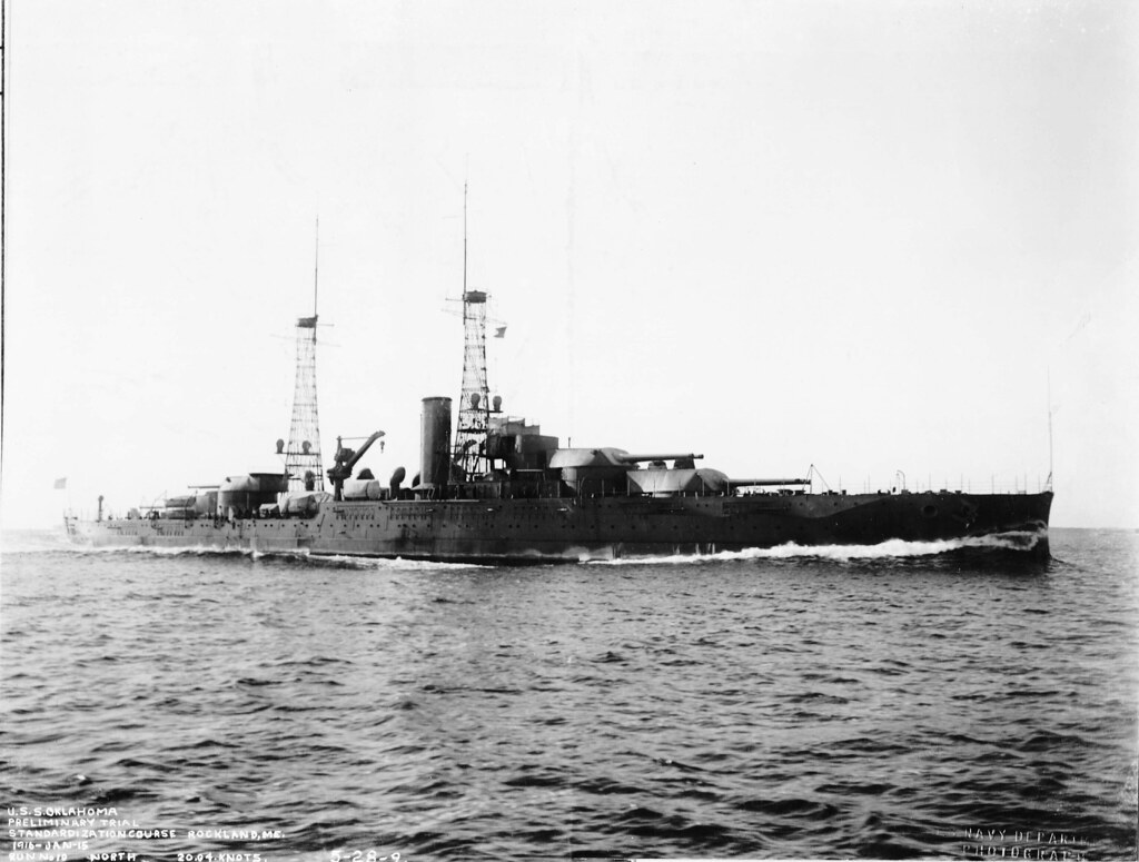 USS Oklahoma (BB-37) at 20 knots on preliminary trial at standardization course near Rockland Maine 15th January 1916.