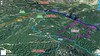 Photo 3D partie basse de l'ancien chemin de Luviu avec les tracés des différents sentiers et la partie des travaux de l'operata du 05/01/2020 (trait pointillé rouge) et du 11/01/2020 (trait plein rouge)
