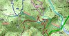 Carte IGN partie basse de l'ancien chemin de Luviu avec les tracés des différents sentiers et la partie des travaux de l'operata du 05/01/2020 (trait pointillé rouge) et du 11/01/2020 (trait plein rouge)
