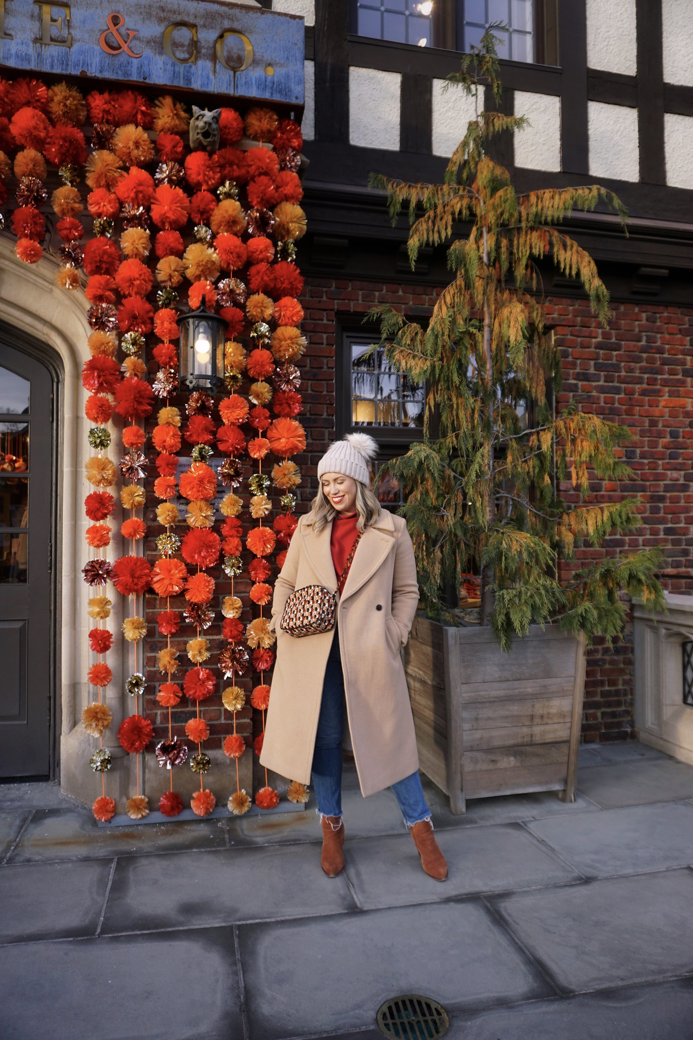 Long Camel Winter Coat, Mom Jeans, Pom Pom Hat & Cognac Suede Boots | Easy Fall Outfits to Recreate | Fall Outfit Inspiration | Simple Fall Outfits | Winter Fits