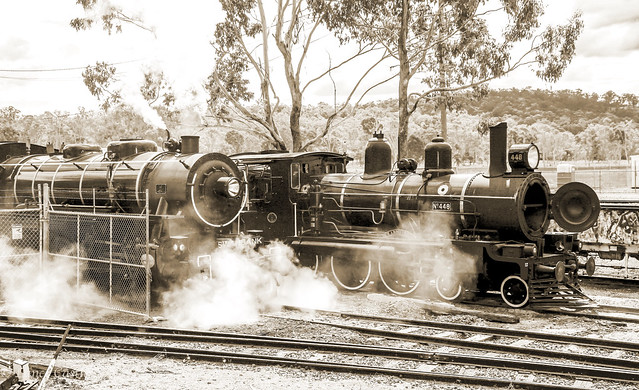 Q.P.S.R. steam trains AC16 number 221A and PB15 number 448 under going maintenance at Depot Box Flat, Ipswich Queensland.