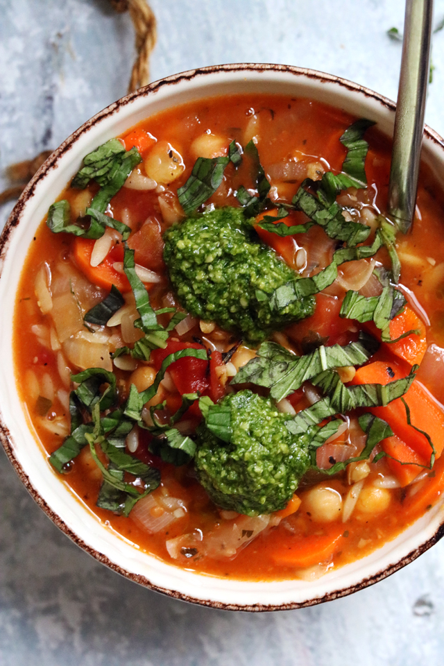 Chickpea, Tomato, and Orzo Soup with Basil Pesto