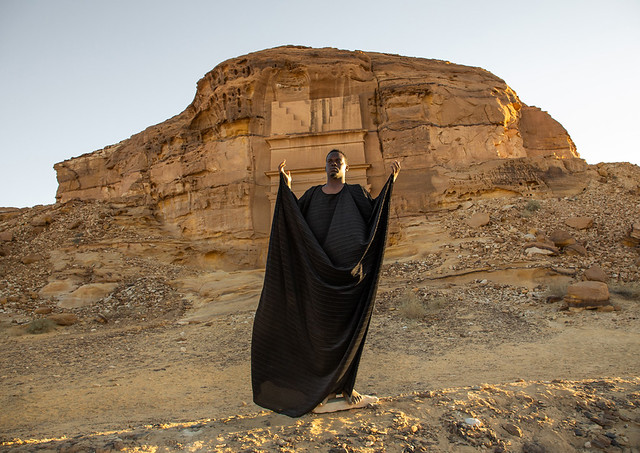 Saudi actor performing an historical play in an open air theater in Madain Saleh, Al Madinah Province, Alula, Saudi Arabia