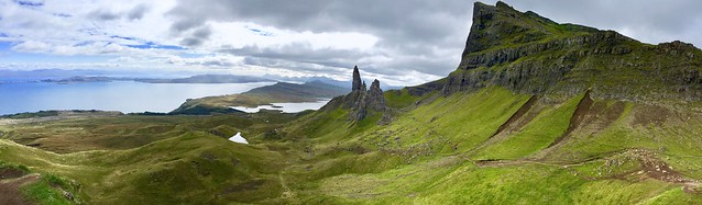 Panorama Old Man of Storr and Sound of Raasay. Isle of Skye, Scotland.