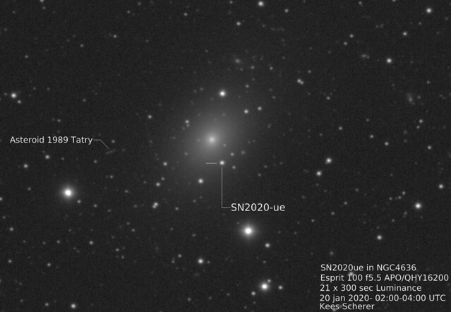 Supernova SN2020-ue in NGC4636 and Asteroid 1989 Tatry