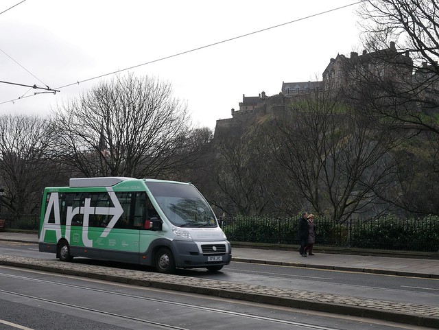 Scottish National Galleries of Edinburgh Fiat Ducato Mellor Orion E SF15JVC, electric bus, at Princes Street, Edinburgh, on 20 January 2020.