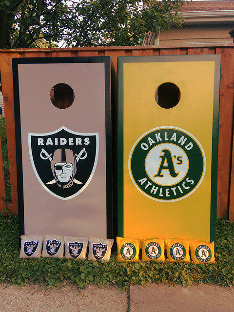 Oakland Raiders and Athletics custom hand made cornhole baggo boards set