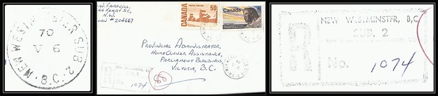 British Columbia / B.C. Postal History / Registered Letter - 6 May 1970 - NEW WESTMINSTER SUB 2, B.C. (cds / cancel / postmark) to Victoria, B.C. (front only)