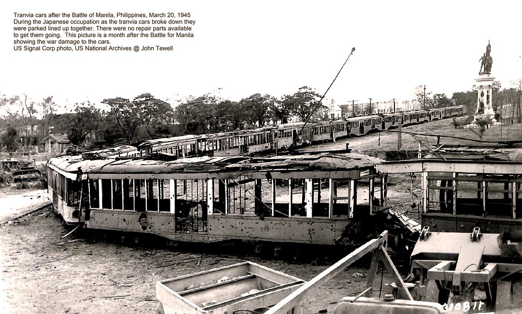 1 Tranvia cars after the Battle of Manila, Philippines, March 20, 1945