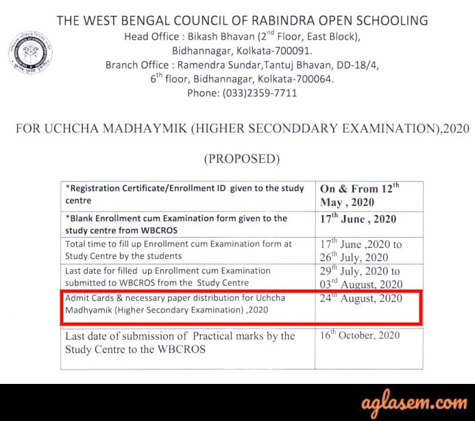 Rabindra Open Schooling Admit Card 2020