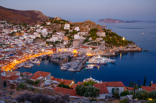 greece island sunrise mediterranean sea travel tourism mountains hydra saronic boat