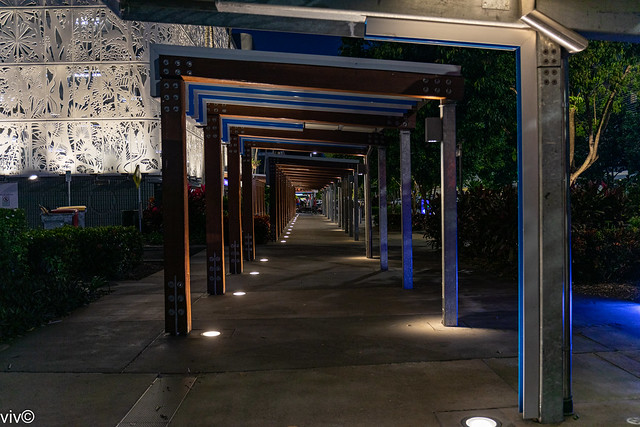 Lovely night perspective view of covered walkway, Cairns, Queensland, Australia