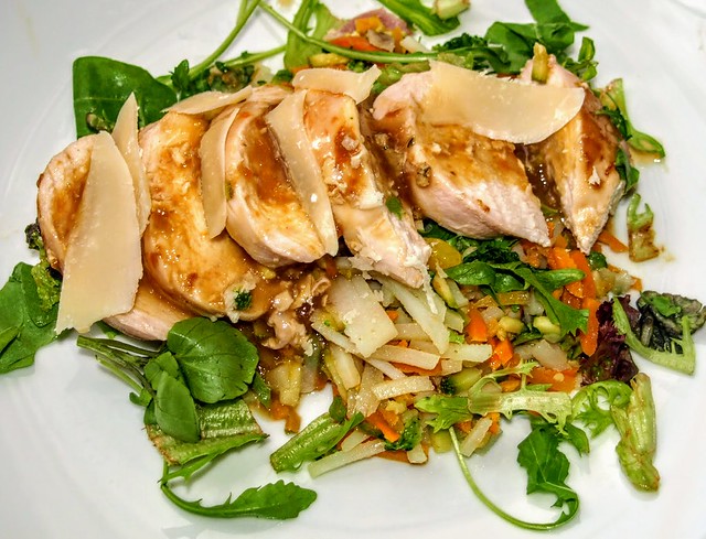 Rolled Chicken Breast, Pea Shoots and Parmesan Shavings, Shredded Carrot