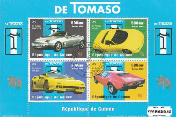 Známky Guinea 1998 Autá De Tomaso, razítkovaný hárček