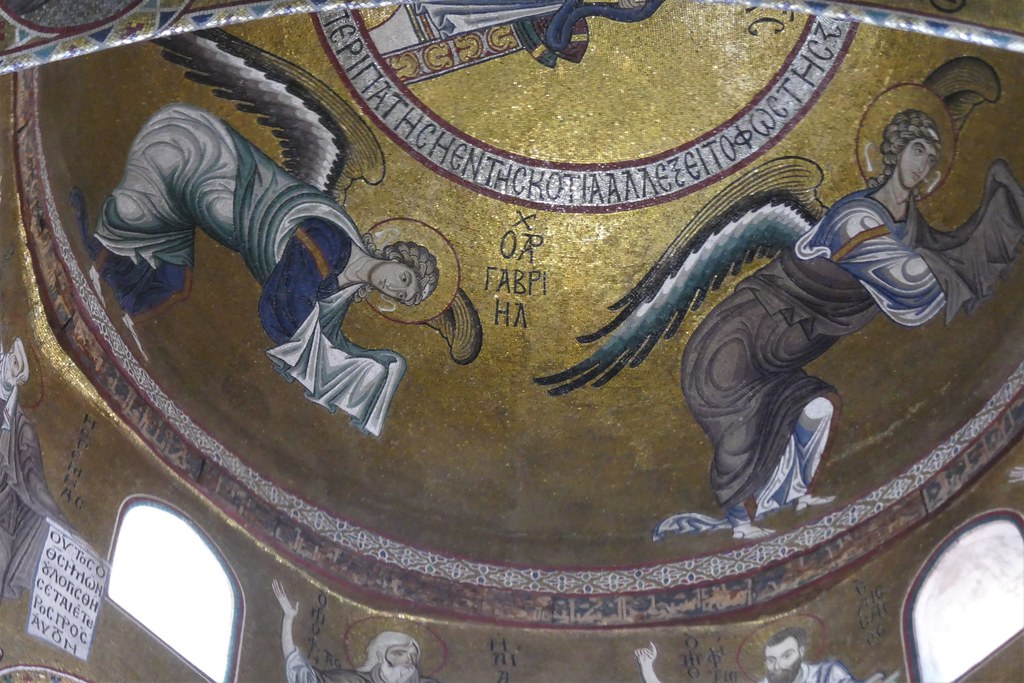 Les archanges, coupole du transept, mosaïques romano-byzantines, église de la Martorana (XIIe-XVIe-XVIIIe) ou Santa Maria dell'Amiraglio, piazza Bellini, Palerme, Sicile, Italie.
