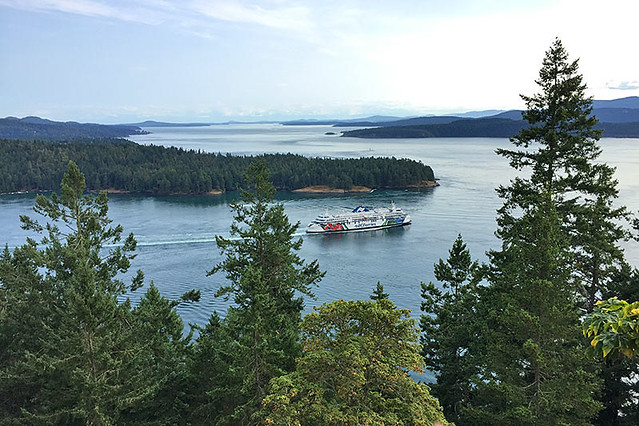 Active Pass between Mayne Island in the distance and Galiano Island, Gulf Islands, BC, Southern Gulf Islands, British Columbia