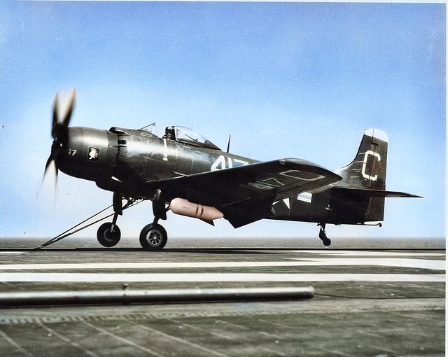 AD-1 Skyraider of Attack Squadron (VA) 64 on the deck of the USS Coral Sea (CVB 43) In the Atlantic  colorized by Ahmet Asar.