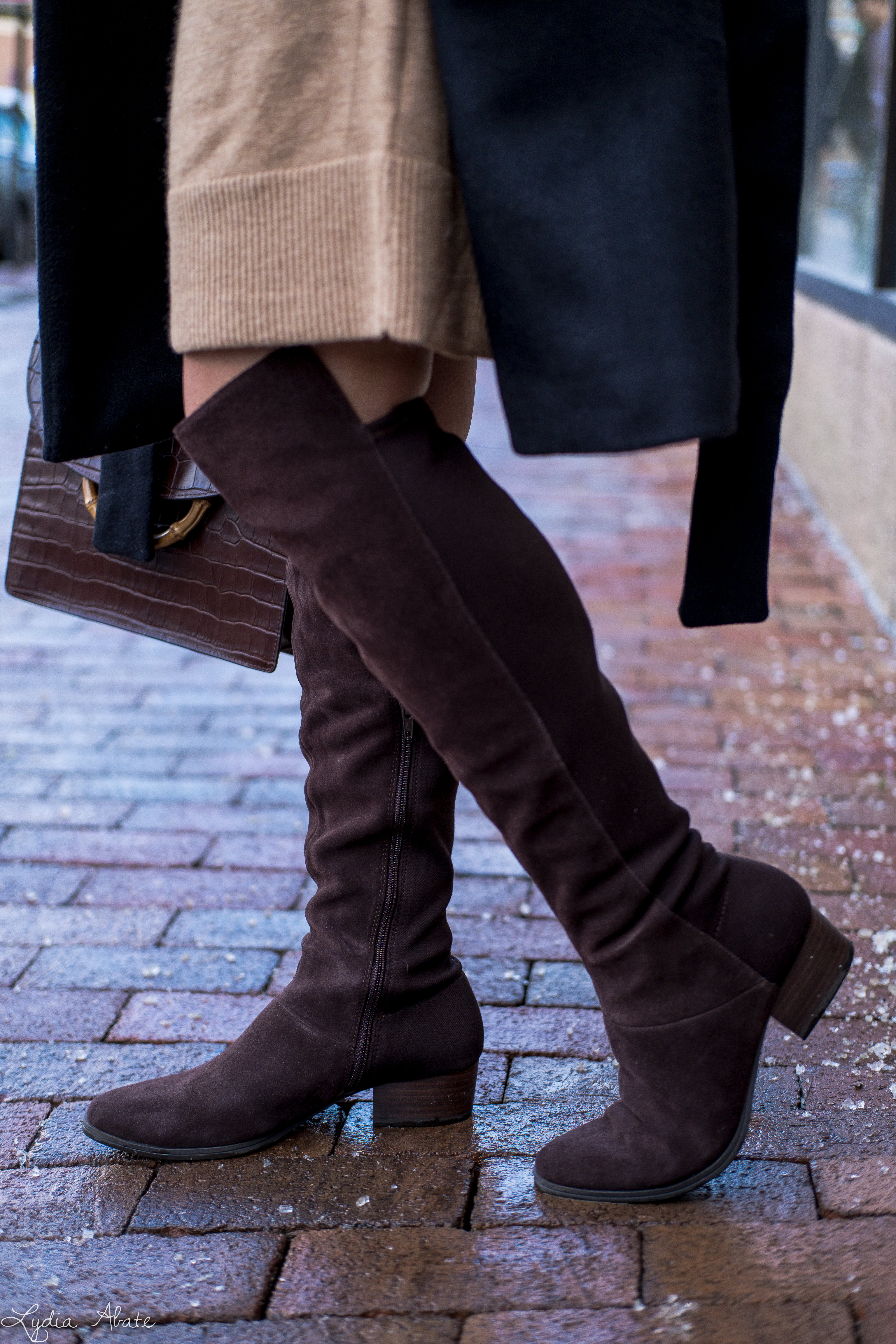 black wrap coat, camel sweater dress, brown over the knee boots, croc handbag-9.jpg