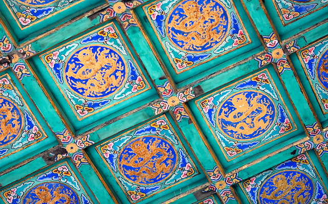 Dragons decorate green ceiling in Temple of Heaven pavilion, Beijing, China