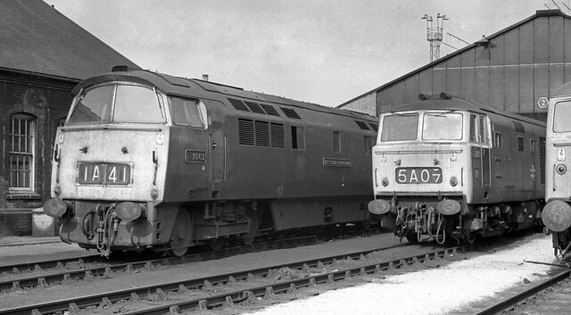 Class 52 1062 Western Courier and Class 35 7093 stand side by side at Old Common Depot 18/05/1974.