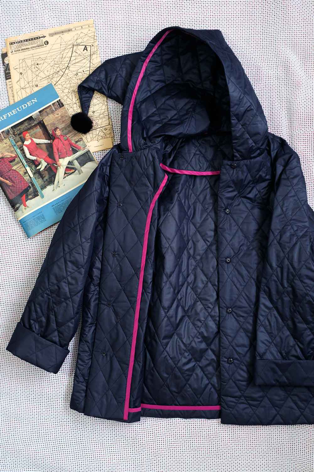 marchewkowa, szycie, Wrocław, retro, stare wykroje, kurtka, pikówka, Beyer Mode 1/1959, winter jacket, vintage sewing pattern, quilted fabric