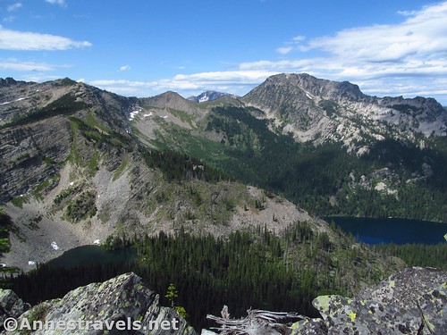 An unnamed lake (left) and Wanless Lake from the ridgeline west of Goat Peak, Cabinet Mountains Wilderness, Montana