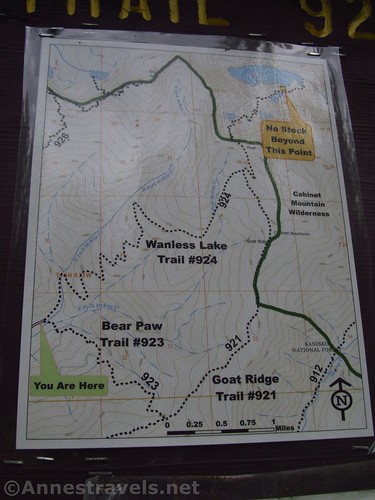 Trail map at the Wanless Lake Trailhead, Cabinet Mountains Wilderness, Montana