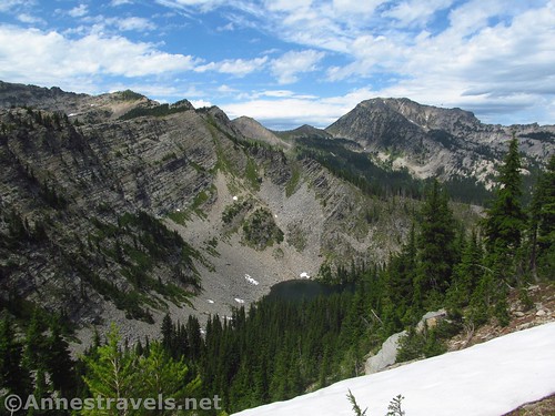 Snow and views toward the small unnamed lake below the Wanless Saddle, Cabinet Mountains Wilderness, Montana