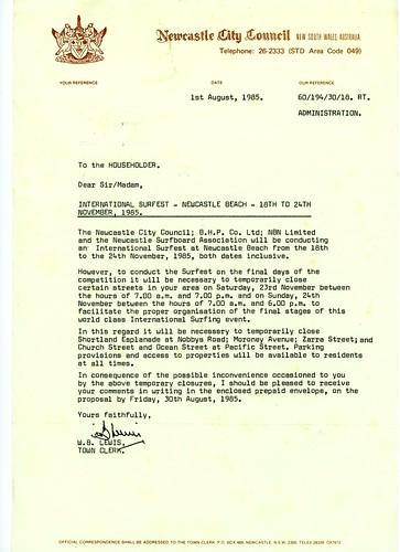 Letter to residents re: Surfest 1985  - Newcastle, N.S.W
