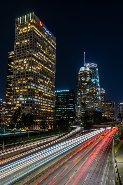Downtown Los Angeles at Night with Car Light Trails on the 110 Freeway