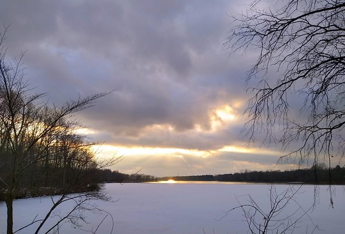 january winter mottlake water sunset clouds trees ice