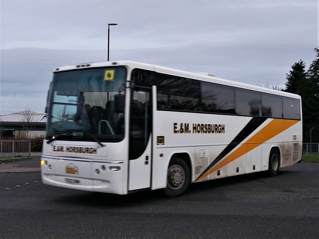 E&M Horsburgh of Pumpherston Volvo B7R Plaxton Profile Y222EMH on school duty at Dalkeith on 30 January 2020.