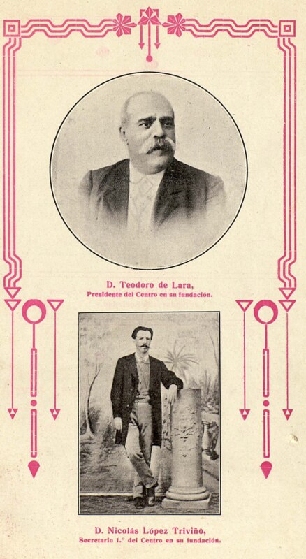 Publicación de 1916 con motivo del 50 aniversario del Centro de Artistas e Industriales de Toledo (Casino). Teodoro de Lara (presidente en 1866) y Nicolás López Triviño (secretario en 1866)