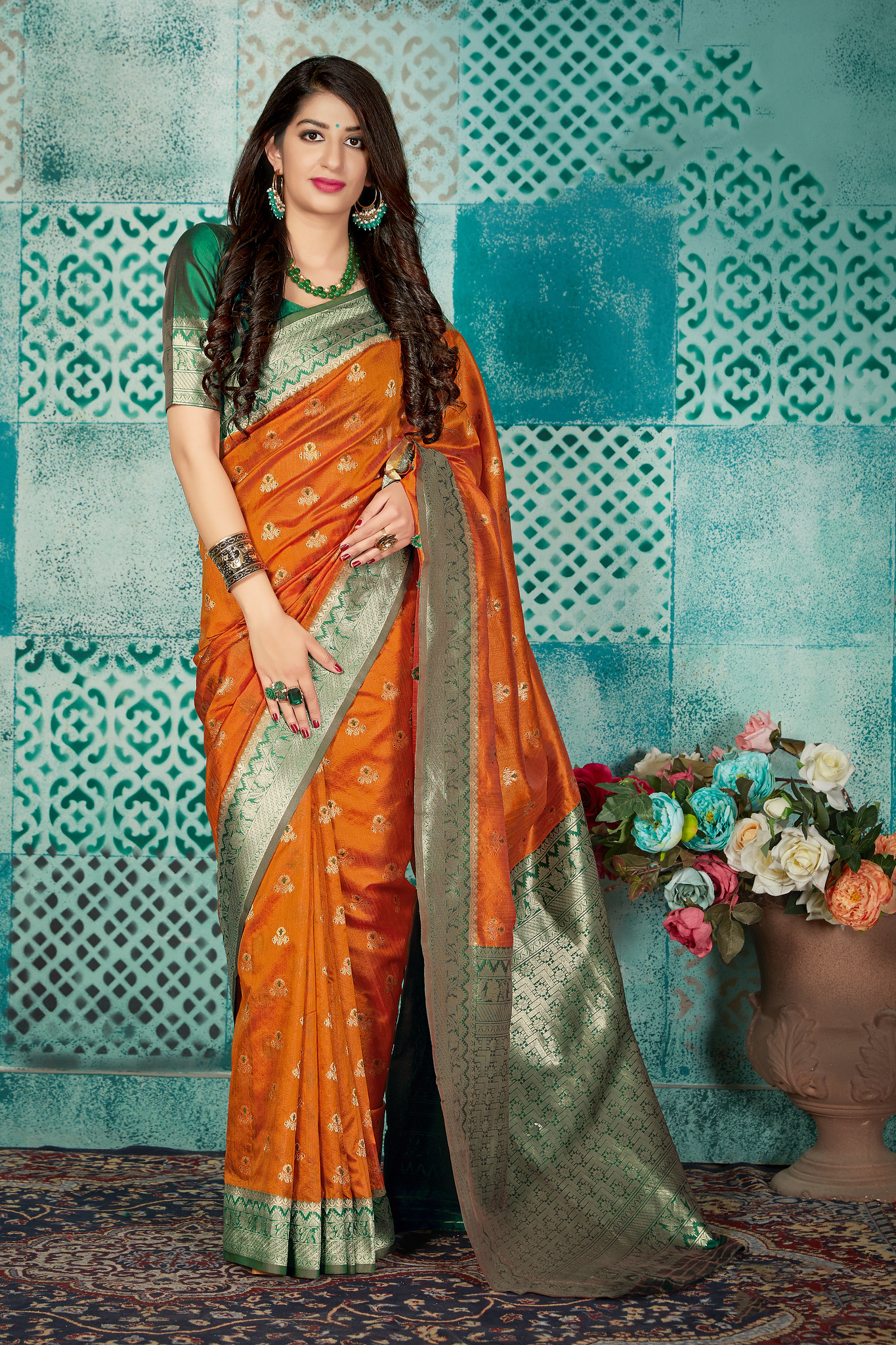 Fern green semi matka silk saree with orange-green geometric border