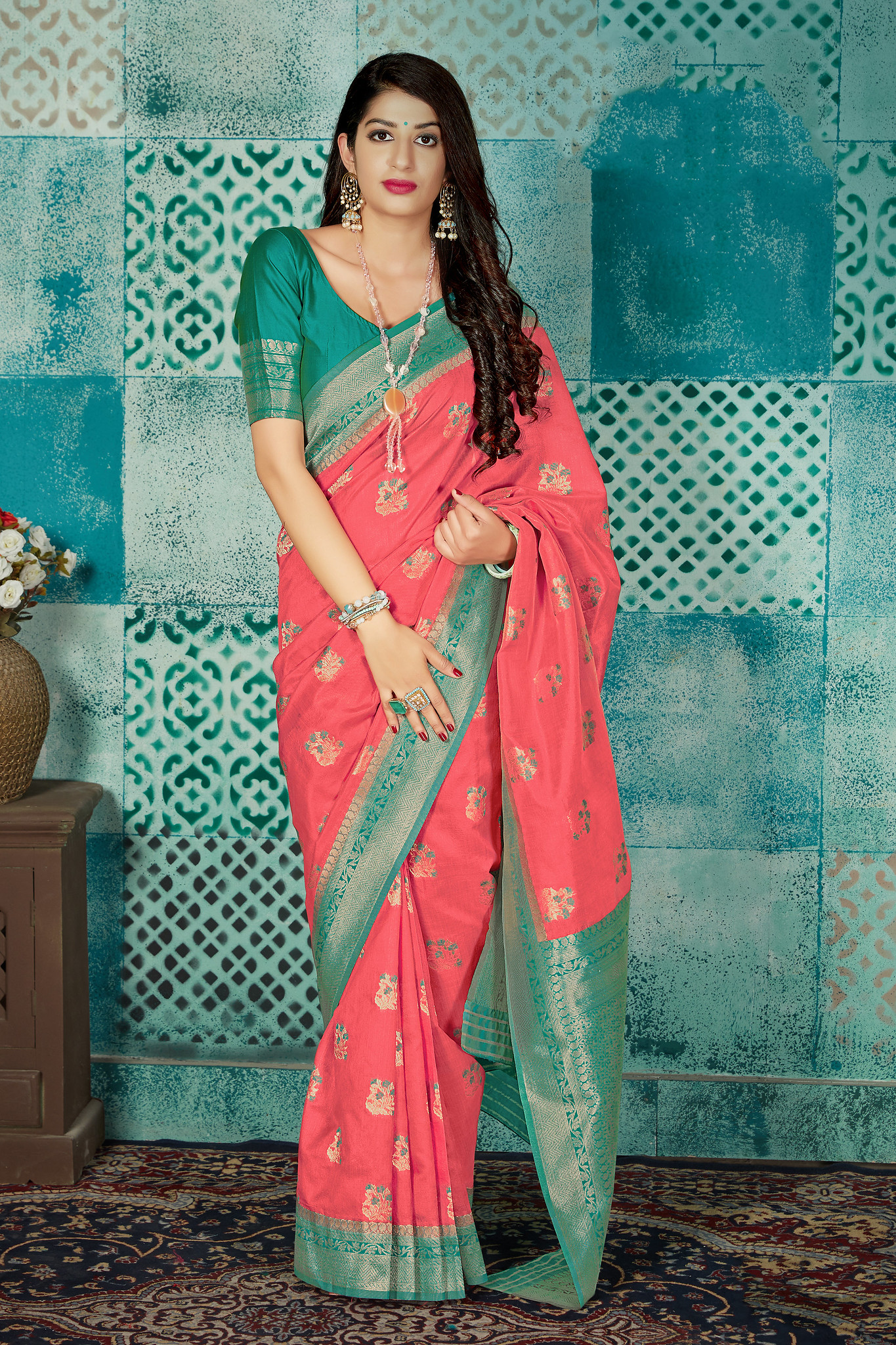 Embroidered Blouse With Peach Bandhej Saree