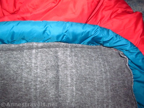 Folded-under edge of the DIY sleeping bag liner, stitched to the sleeping bag.