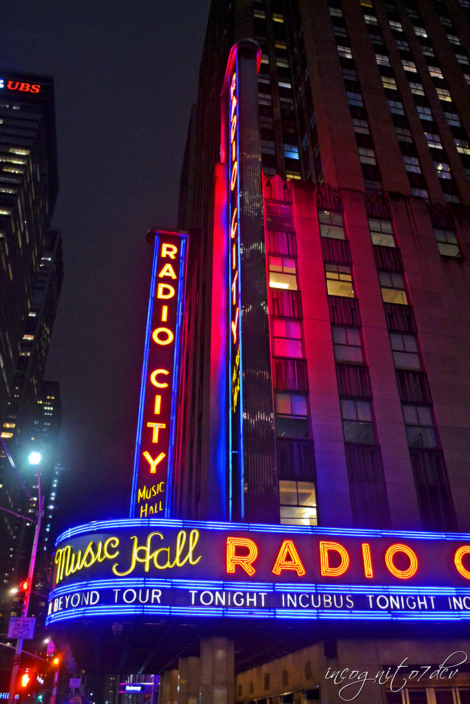 Radio City Music Hall at Night Rockefeller Center RCMH 6th Ave Avenue of the Americas 50th Street Midtown Manhattan New York City NY P00429 DSC_9373