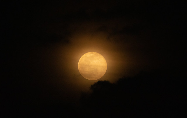 The Snow Moon attempts to break out of the clouds on Feb. 9, 2020.