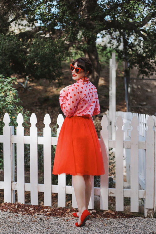SHEIN pink heart button down top red tulle skirt