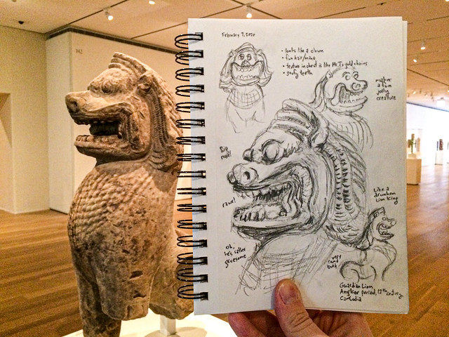 Pencil sketch of Cambodian Guardian Lion statue at Art Institute of Chicago