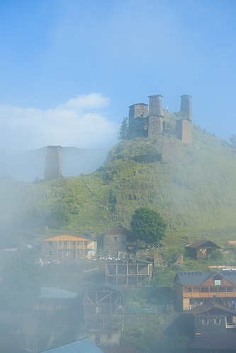 tusheti zemoomalo kakheti georgia omalo village defensive tower fort fortification valley caucasus mountains settlement rural mist cloud morning fog dispersing