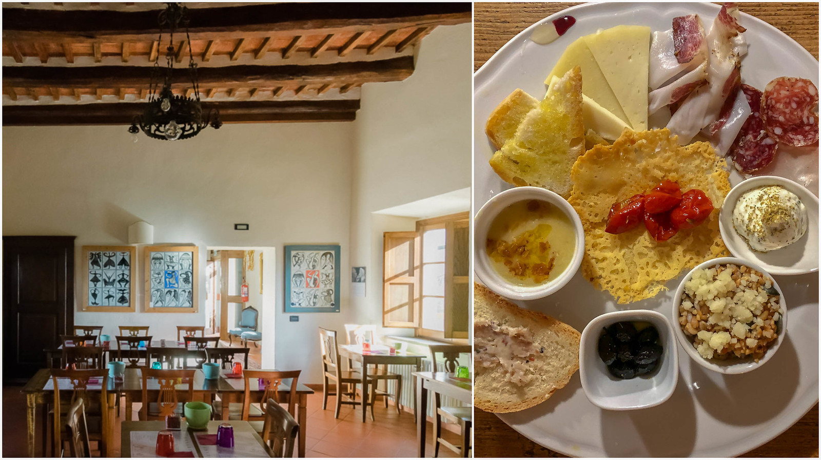 The breakfast room and tasting plate at Hotel della Fortezza in Sorano, Italy