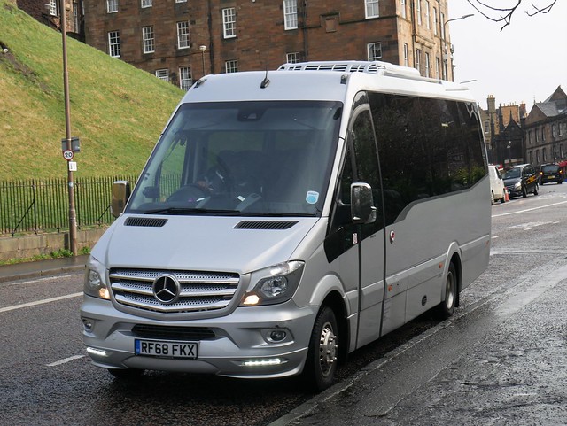 Premium Coaches of Mottingham, London, Mercedes Benz 516CDi RF68FKX at Johnston Terrace, Edinburgh, on 10 February 2020.